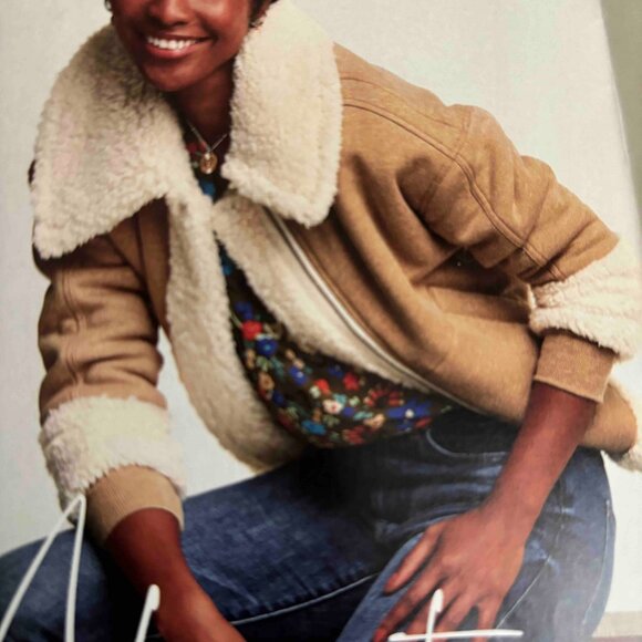 CAbi McQueen Coat In Tan with white wool -like lining and accents.  Size S - Picture 2 of 8